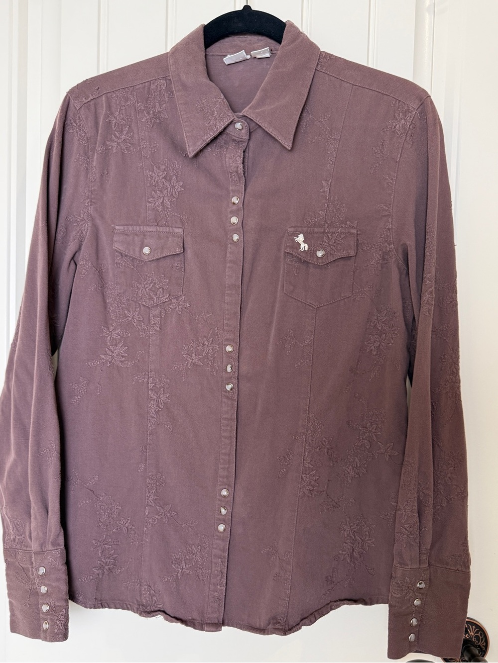 Cowgirl Up Women's Western Shirt Sz L Brown Embroidered Triple Snap Horse Cotton